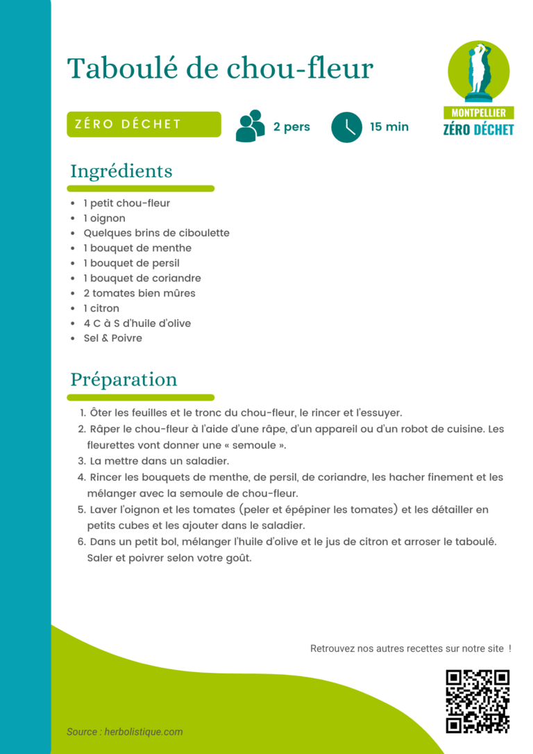 Fiche recette Taboulé de chou-fleur